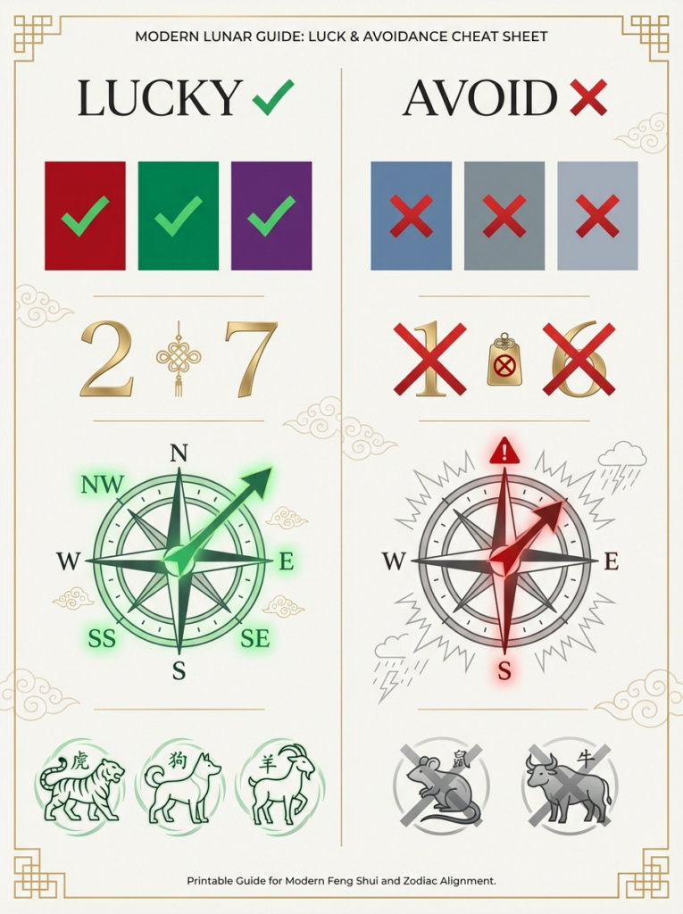 2026 Fire Horse zodiac year lucky colors red green purple, lucky numbers 2 and 7, lucky directions southeast east north, unlucky colors blue gray, visual cheat sheet for Horse Ben Ming Nian protection
