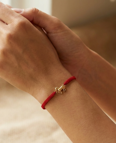 Red string bracelet worn on left wrist for Chinese zodiac Horse Ben Ming Nian 2026 protection, traditional Chinese astrology lucky charm