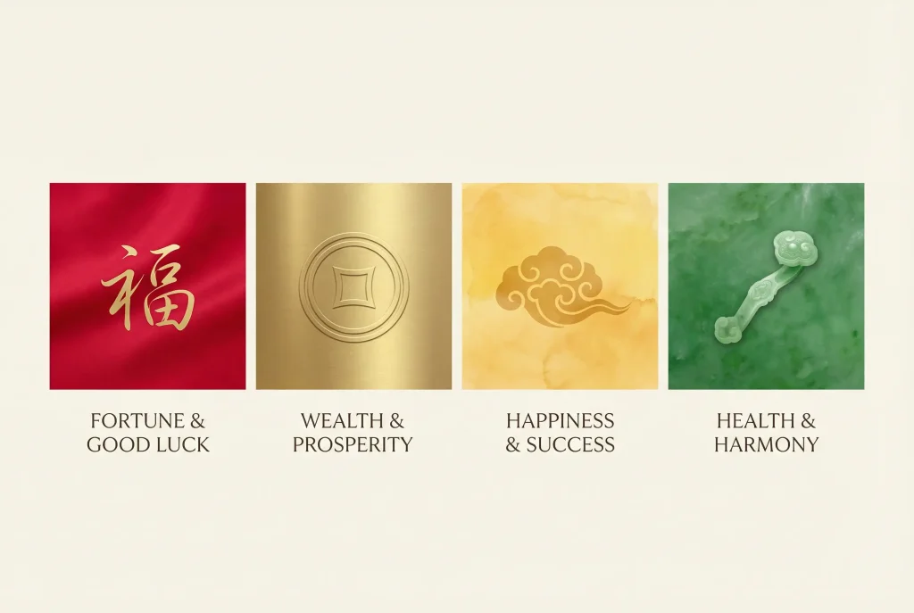 Four color swatches showing 2026 lucky colors: vibrant red, metallic gold, warm yellow, and emerald green, each with traditional Chinese good fortune symbols and cultural meanings