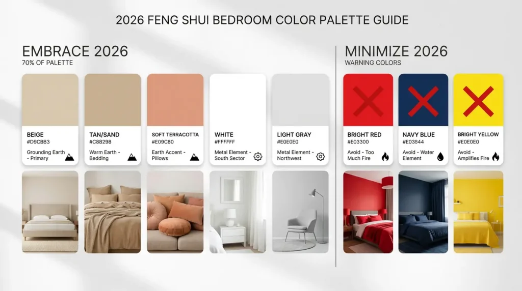 2026 Fire Horse year bedroom color palette showing grounding earth tones in beige and terracotta with metal element accents in white and gray for feng shui balance