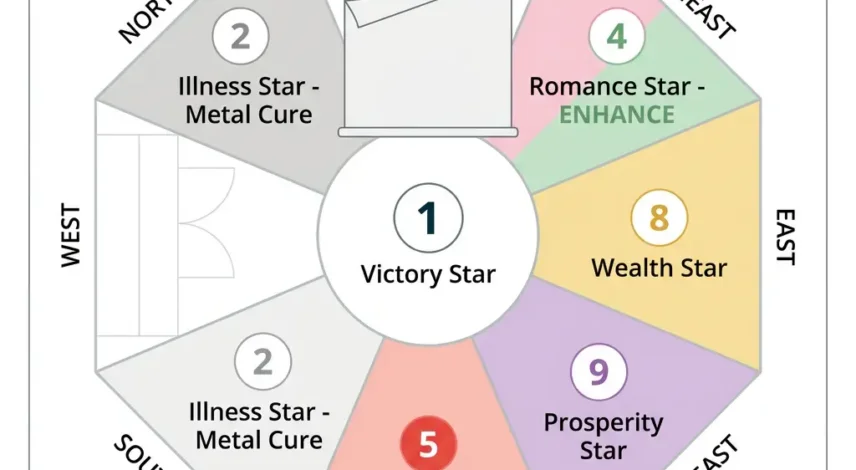 2026-feng-shui-bedroom-flying-star-chart-fire-horse-year 2026 bedroom feng shui Flying Star chart showing the dangerous #5 Yellow Star and Tai Sui in the South sector, with auspicious #4 Romance Star in Northeast for the Fire Horse year