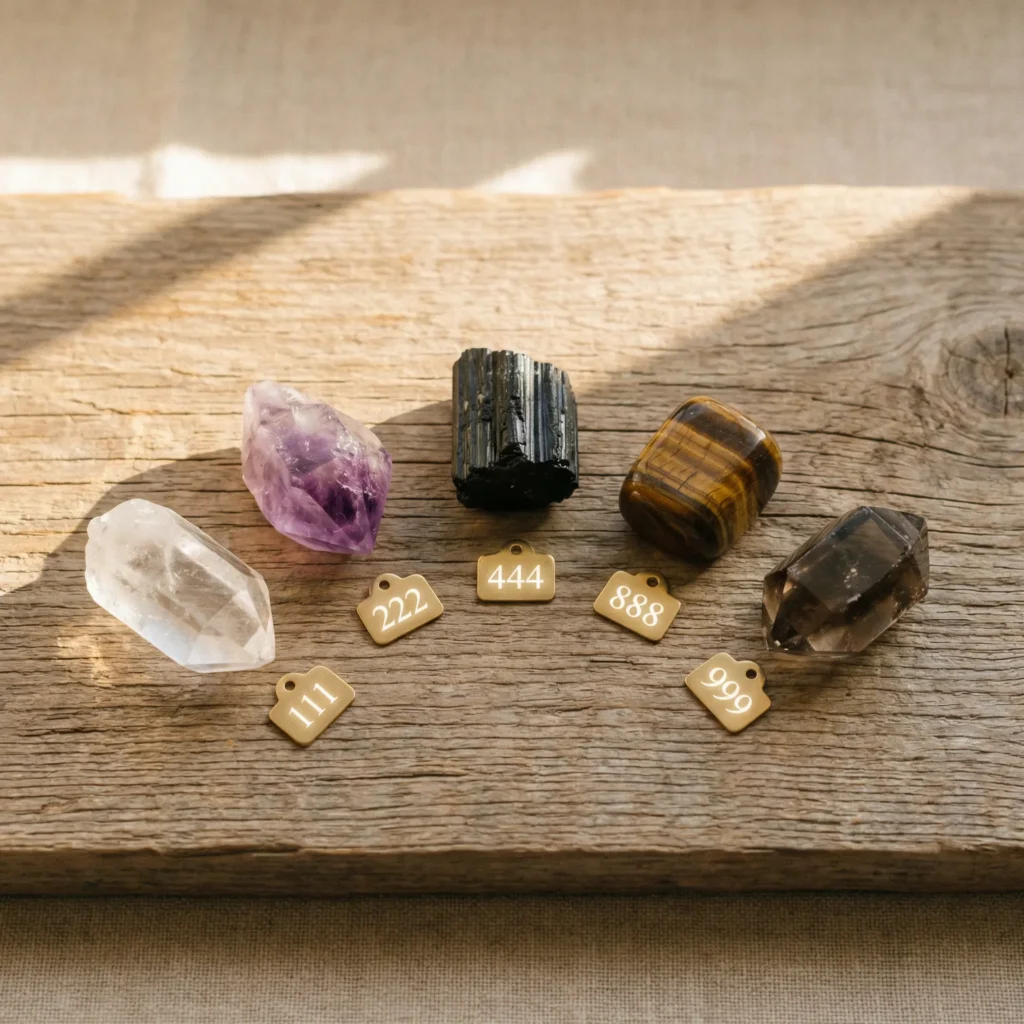 Five crystals paired with angel numbers 111 222 444 888 999 arranged on a wooden surface for 2026 Fire Horse year spiritual practice