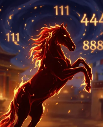 Angel number sequences 111 444 888 glowing against a red Fire Horse silhouette for 2026