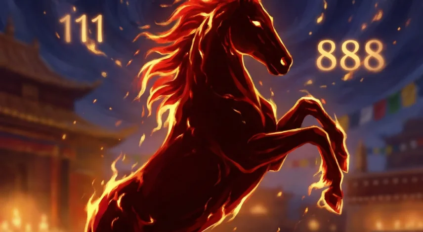 Angel Numbers Fire Horse Year 2026 Guide Angel number sequences 111 444 888 glowing against a red Fire Horse silhouette for 2026