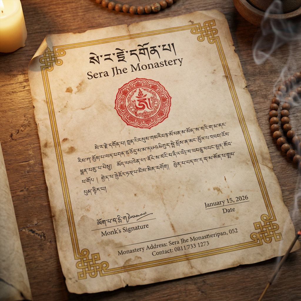 Official Tibetan Buddhist monastery blessing certificate from Sera Jhe Monastery showing red seal, monk signature, blessing date, and monastery contact information for authentic spiritual jewelry verification