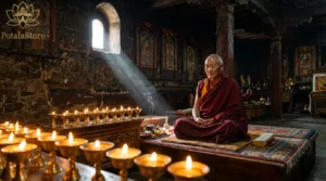 A Tibetan Buddhist monk meditating in a candlelit monastery hall, surrounded by thangka paintings and butter lamps, representing Buddhism as both religion and philosophy
