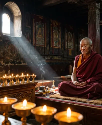 A Tibetan Buddhist monk meditating in a candlelit monastery hall, surrounded by thangka paintings and butter lamps, representing Buddhism as both religion and philosophy