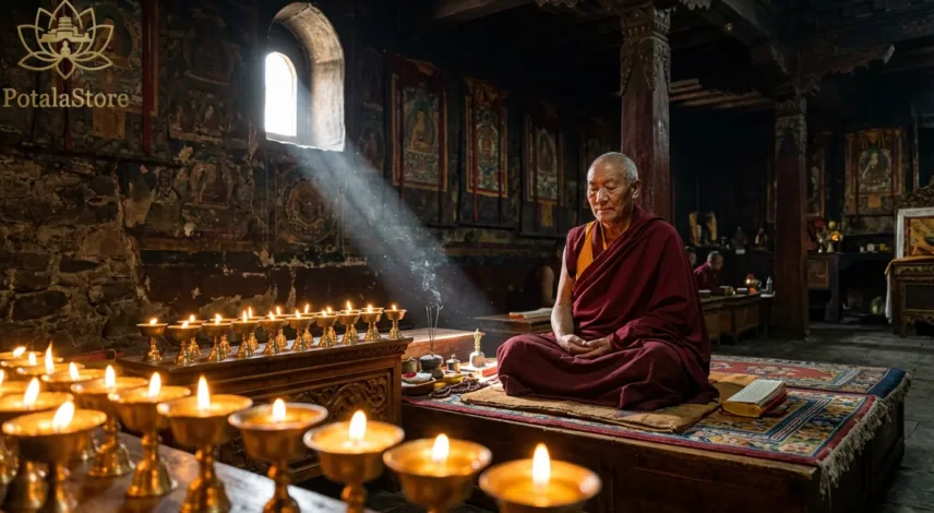 Buddhist Meditation Hall with Monk and Candles A Tibetan Buddhist monk meditating in a candlelit monastery hall, surrounded by thangka paintings and butter lamps, representing Buddhism as both religion and philosophy