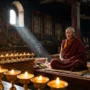 A Tibetan Buddhist monk meditating in a candlelit monastery hall, surrounded by thangka paintings and butter lamps, representing Buddhism as both religion and philosophy
