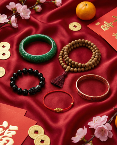 Assorted Tibetan Buddhist spiritual jewelry including red string bracelets, jade bangles, and mala beads arranged on red silk fabric with Chinese New Year decorations for 2026 Year of the Fire Horse