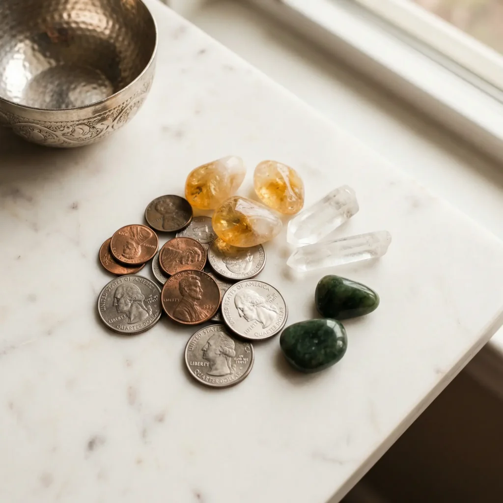 Close-up of Pixiu feeding materials including metal coins, citrine gemstones for wealth attraction, clear quartz crystals for amplification, and jade pieces arranged on marble surface ```