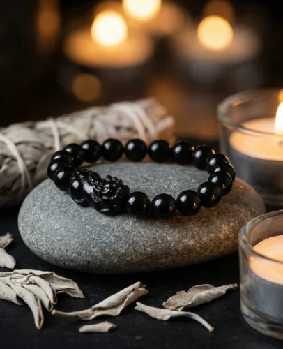 Authentic black obsidian Pixiu feng shui bracelet resting on a smooth natural stone surface with soft candlelight in the background