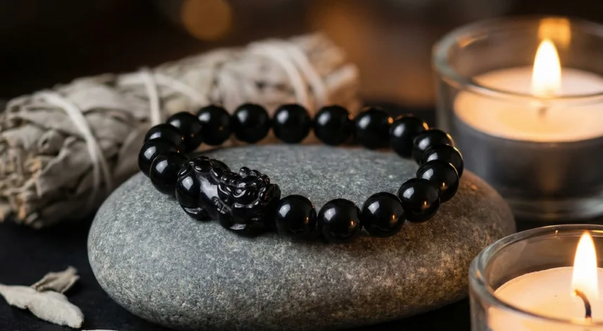 Feng Shui Black Obsidian Pixiu Bracelet on Natural Stone Authentic black obsidian Pixiu feng shui bracelet resting on a smooth natural stone surface with soft candlelight in the background