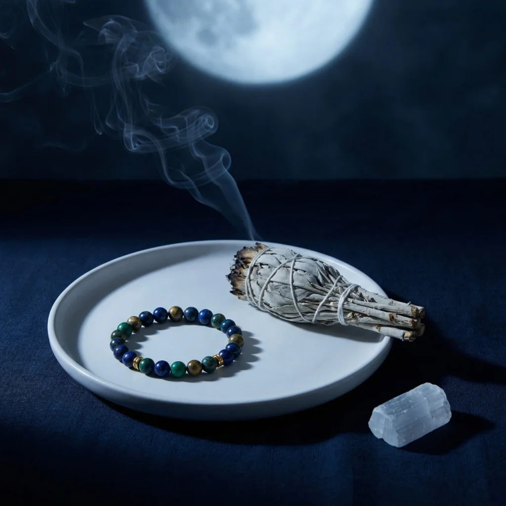 A black obsidian feng shui bracelet placed on a white ceramic dish beside a burning white sage bundle and a small selenite crystal, cleansing ritual setup under soft moonlight
