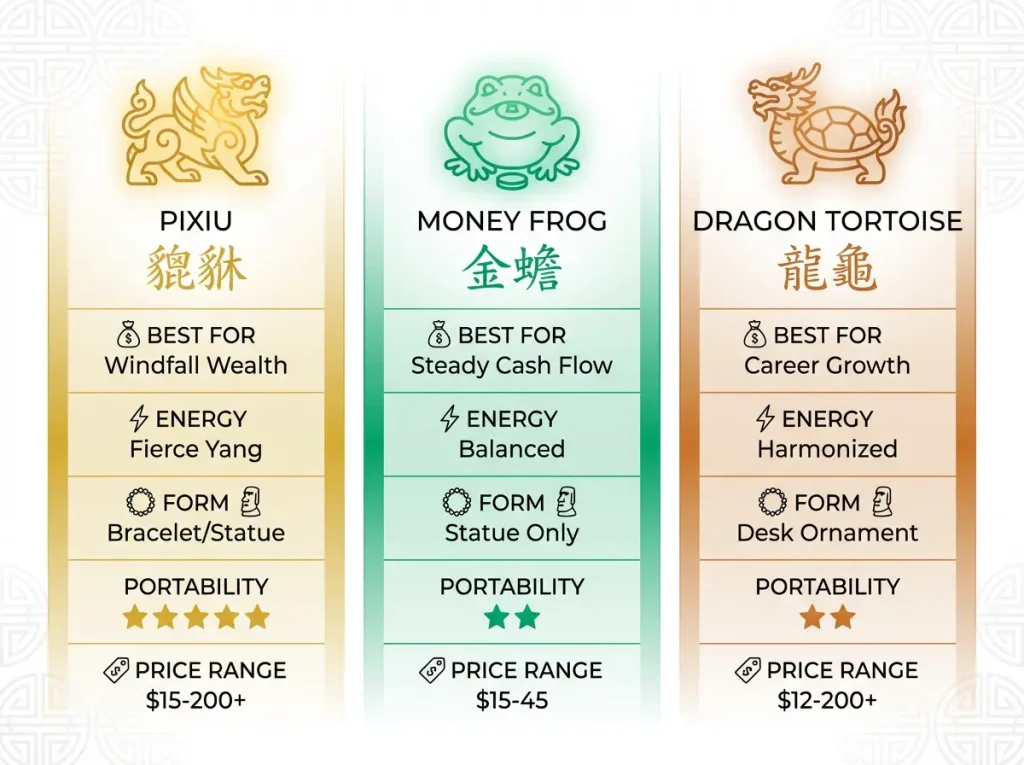 Infographic comparing Pixiu, Money Frog, and Dragon Tortoise across 9 attributes including best wealth type, energy style, portability, and price range, with icons and color coding