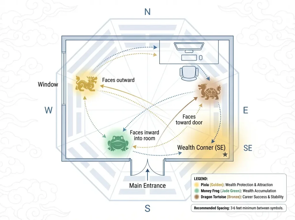 Floor plan diagram showing ideal placement of Pixiu near window, Money Frog near main entrance facing inward, and Dragon Tortoise behind desk chair, with Bagua directional overlay and wealth corner highlighted