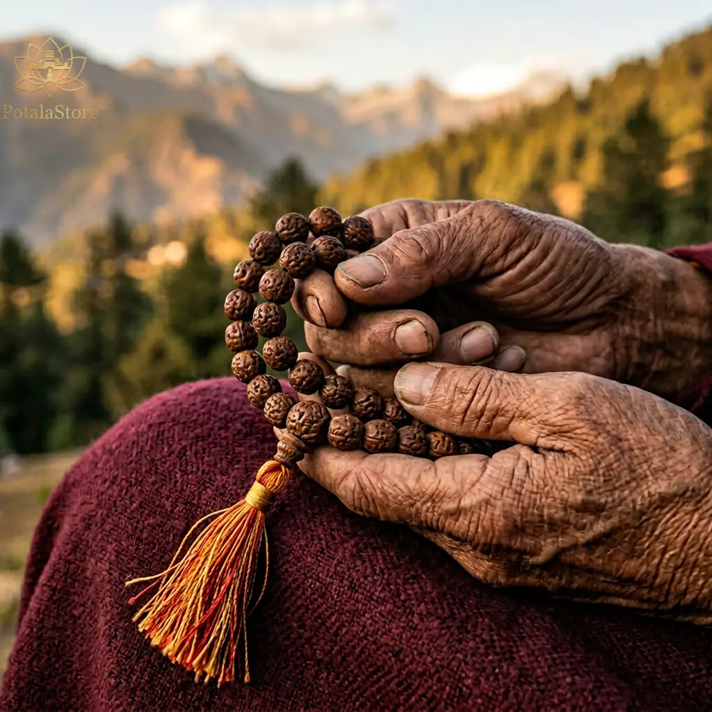 Close-up of hands gently holding a strand of 108 Tibetan mala beads in warm natural light, wooden bodhi seed beads with a traditional tassel, used for mantra counting during Buddhist meditation practice, both as a philosophical focus tool and a religious devotional object