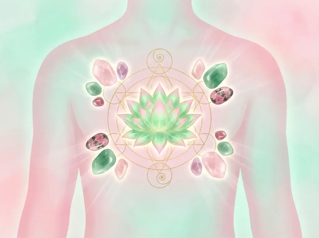 Spiritual illustration of the heart chakra (Anahata) as a glowing green and pink lotus flower with 12 petals in the center of a human chest silhouette. Surrounding the chakra are rose quartz, green aventurine, and rhodonite crystals with soft ethereal glow. Serene gradient background transitioning from soft pink to mint green. Sacred geometry elements, delicate light rays, peaceful and healing atmosphere. Digital art style, mystical yet approachable, high quality, centered composition.