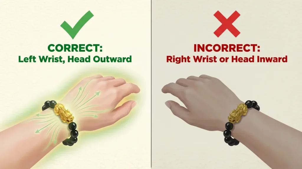 Diagram showing correct way to wear Pixiu bracelet on left wrist with beast head facing outward toward fingers, with green checkmark, and incorrect right wrist placement with red X