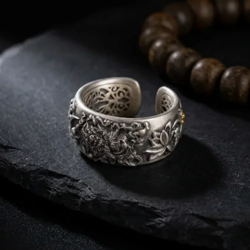 Mahakala sterling silver ring with filigree inner band and mala beads