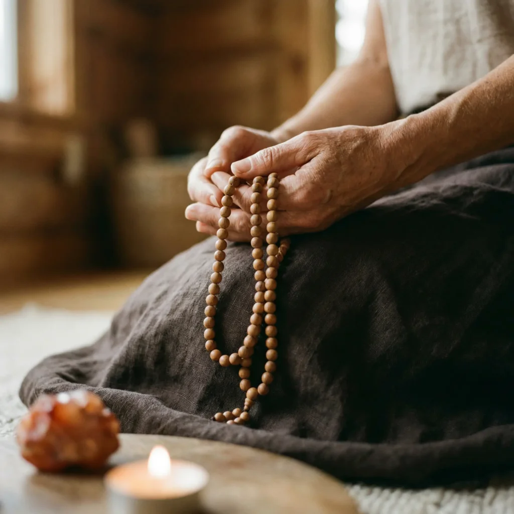 Hands holding a Tibetan mala bead necklace during meditation ritual for angel number practice in 2026 Fire Horse year