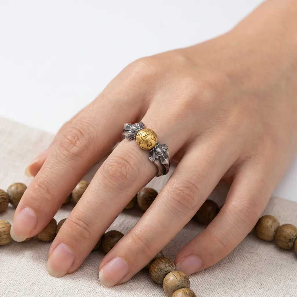 Manjushri Buddhist Ring Worn with Mala Beads Woman wearing Manjushri sterling silver ring on finger alongside wooden mala prayer beads, showing spiritual jewelry styling