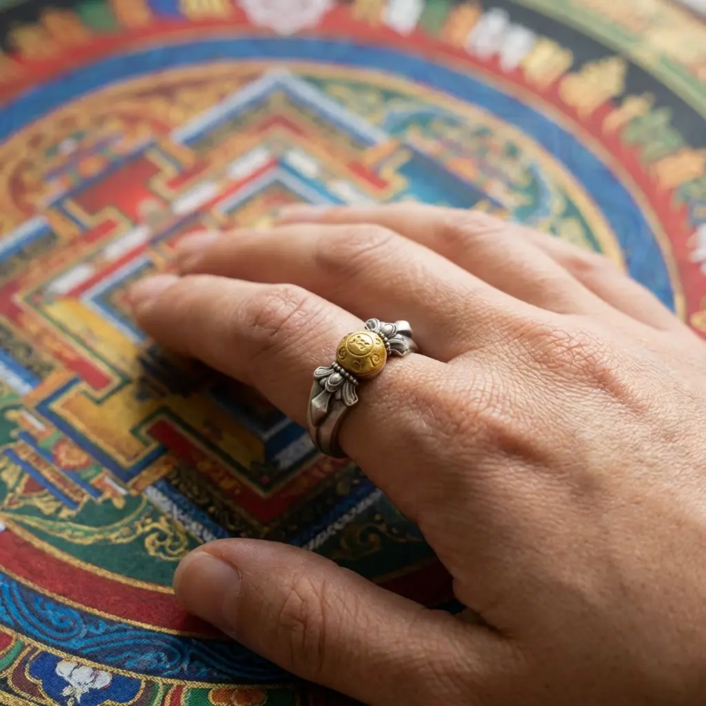 Manjushri Buddhist Ring with Mandala Thangka Manjushri Bodhisattva ring displayed on hand over authentic Tibetan Buddhist mandala thangka painting, emphasizing spiritual significance