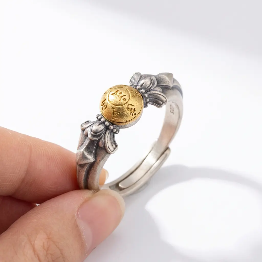 Manjushri Mantra Ring Detail Close-Up Close-up of Manjushri Buddhist ring held between fingers, displaying gold-plated Sanskrit mantra inscription and silver lotus petals