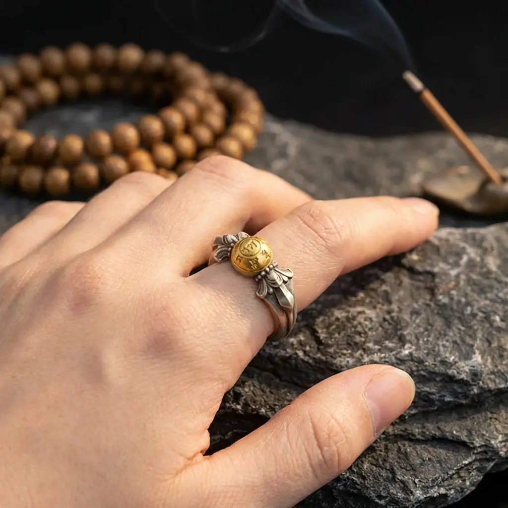 Manjushri Ring Meditation Setting with Incense Manjushri sterling silver ring on hand with natural stone background, wooden mala beads, and traditional incense burner creating spiritual atmosphere
