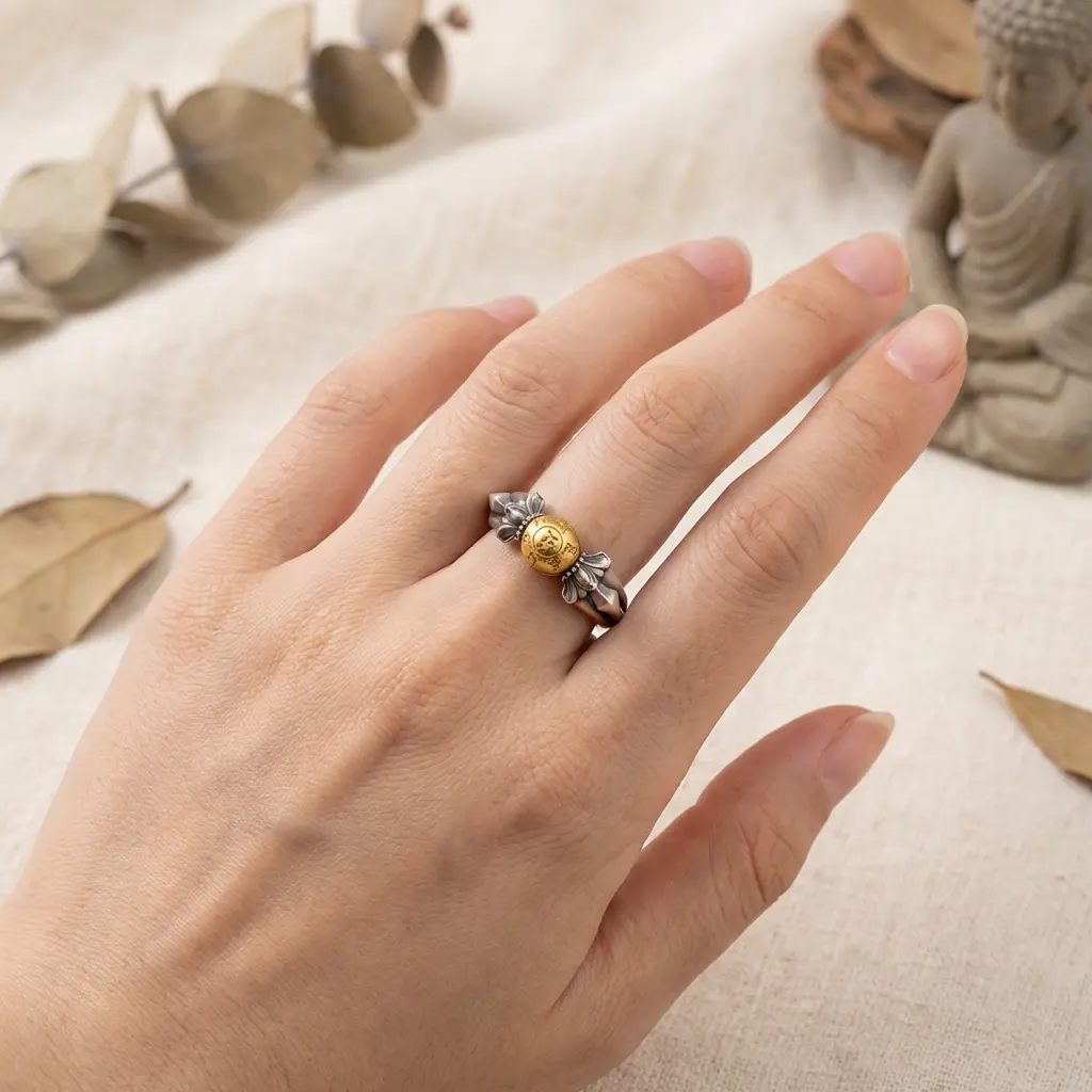 Manjushri Ring Zen Meditation Scene Manjushri Buddhist ring on hand in peaceful zen setting with dried eucalyptus leaves and small Buddha statue on natural linen background
