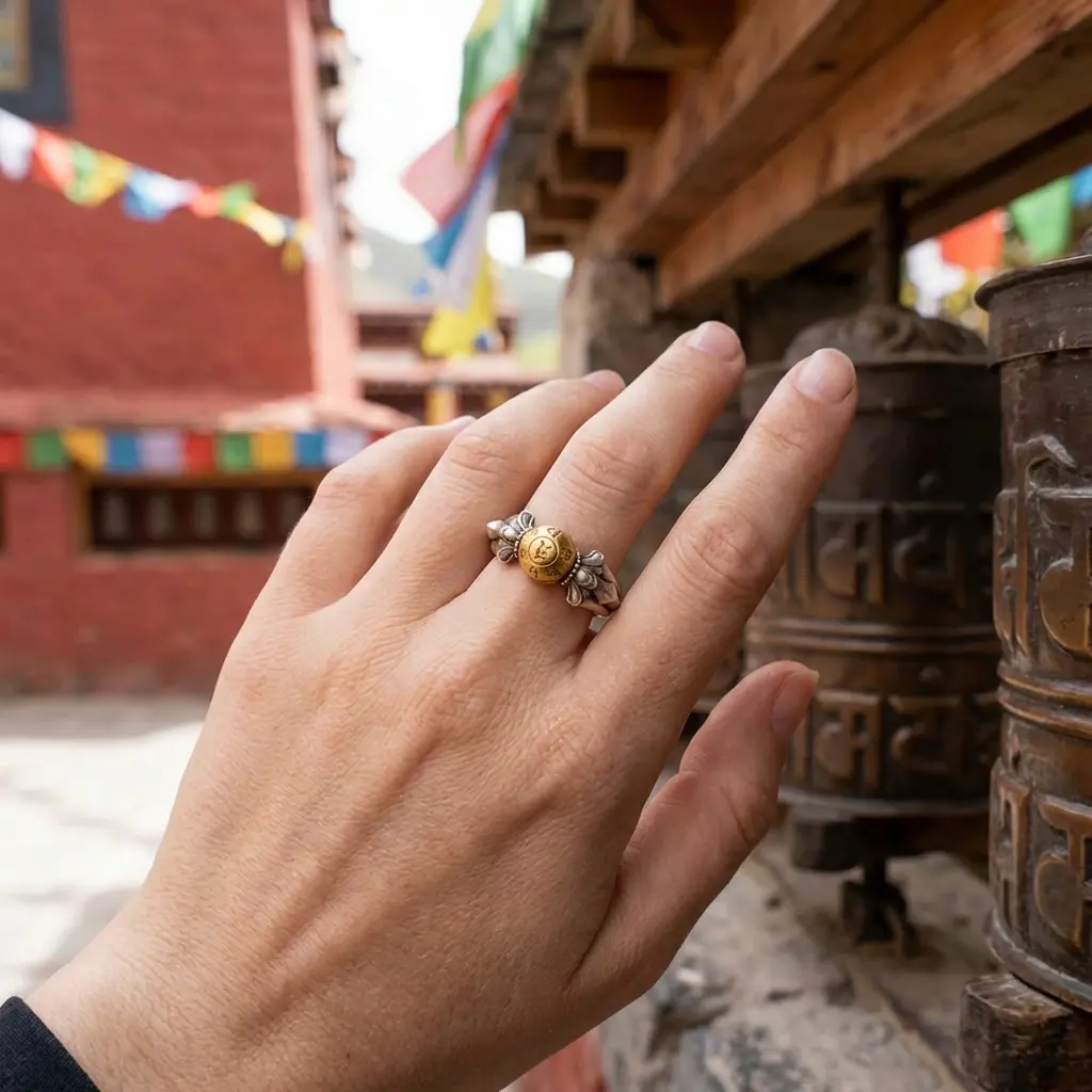 Manjushri Ring at Tibetan Prayer Wheel Woman wearing Manjushri sterling silver ring near traditional Tibetan prayer wheel at Buddhist monastery with colorful prayer flags