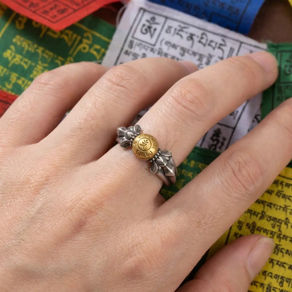 Manjushri Ring with Tibetan Prayer Flags Manjushri sterling silver Buddhist ring displayed on hand with colorful Tibetan prayer flags in background, representing authentic Buddhist culture