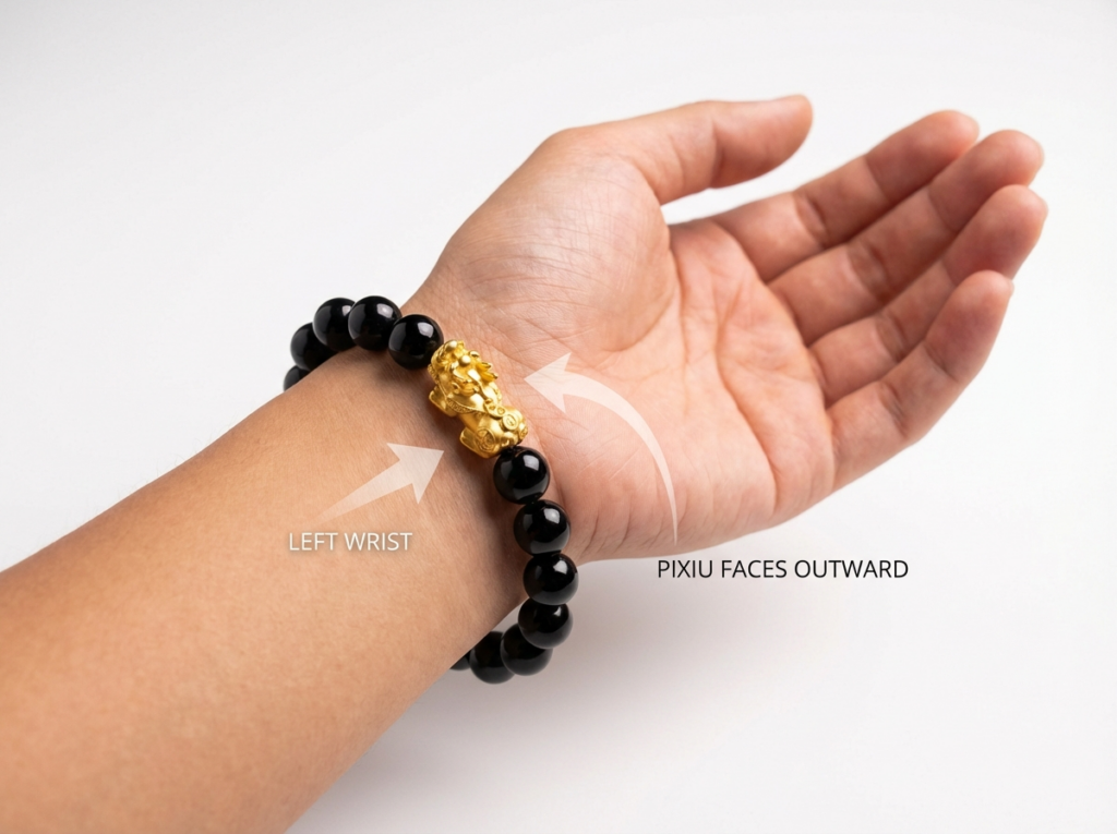 Black obsidian Pixiu bracelet worn on left wrist with Pixiu head facing outward toward pinky finger, correct feng shui protection bracelet wearing method for Horse Ben Ming Nian 2026