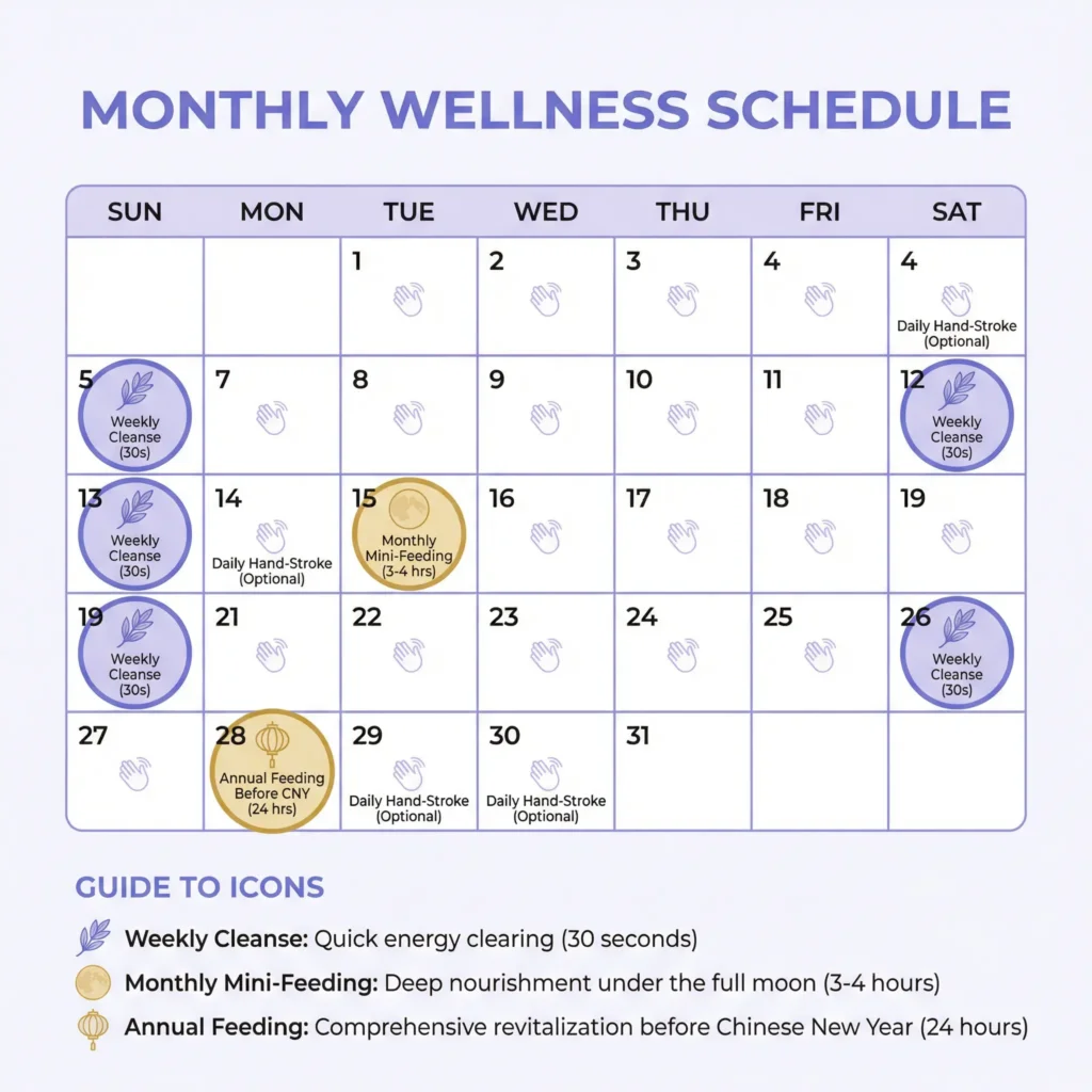 Infographic calendar showing Pixiu maintenance schedule with full moon phases for monthly feeding, weekly cleansing routines, and annual Chinese New Year ritual timing