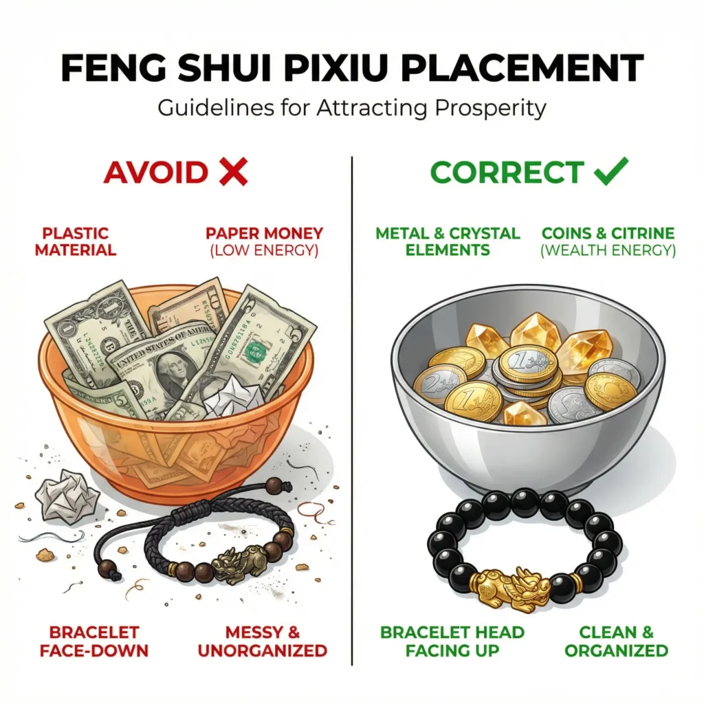 Side-by-side comparison showing incorrect Pixiu feeding with paper money and plastic bowl versus correct feeding with metal coins and silver bowl, educational diagram for Pixiu bracelet care
