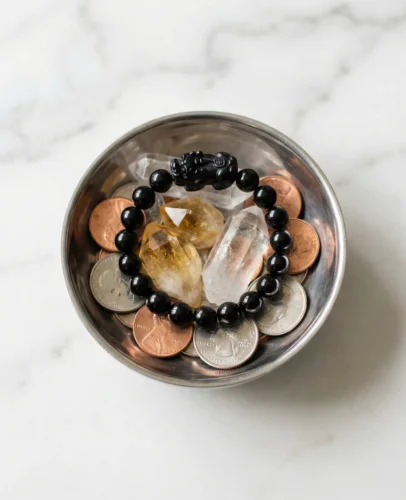 Pixiu bracelet feeding ritual setup showing silver bowl filled with 8 metal coins, citrine crystals, clear quartz, and black obsidian Pixiu bracelet positioned head-up on gemstones
