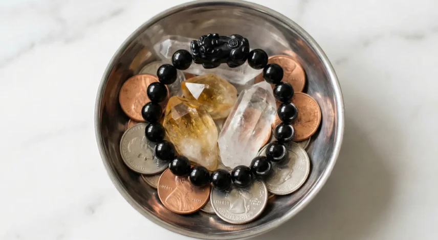 Pixiu Feeding Setup with Silver Bowl and Crystals Pixiu bracelet feeding ritual setup showing silver bowl filled with 8 metal coins, citrine crystals, clear quartz, and black obsidian Pixiu bracelet positioned head-up on gemstones