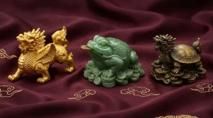Three feng shui wealth symbols displayed side by side: golden Pixiu beast on left, jade Money Frog with coin in center, brass Dragon Tortoise on right, on traditional Chinese silk background