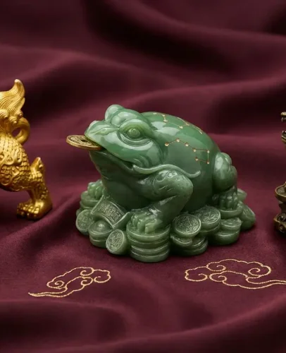 Three feng shui wealth symbols displayed side by side: golden Pixiu beast on left, jade Money Frog with coin in center, brass Dragon Tortoise on right, on traditional Chinese silk background