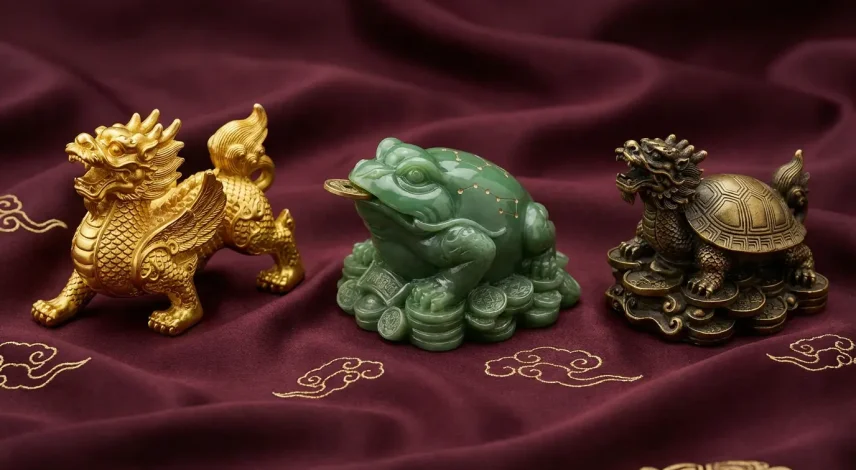 Three feng shui wealth symbols displayed side by side: golden Pixiu beast on left, jade Money Frog with coin in center, brass Dragon Tortoise on right, on traditional Chinese silk background