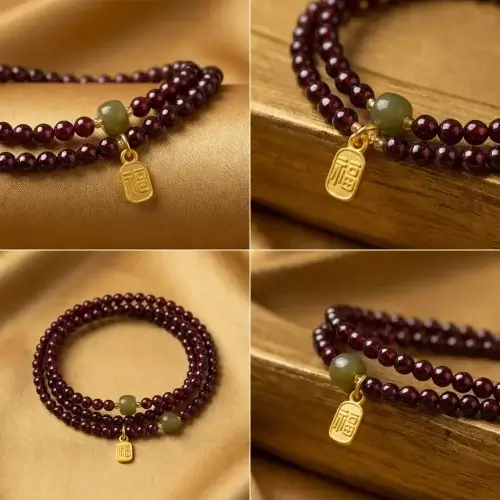 Red garnet fu bracelet details natural stone close up