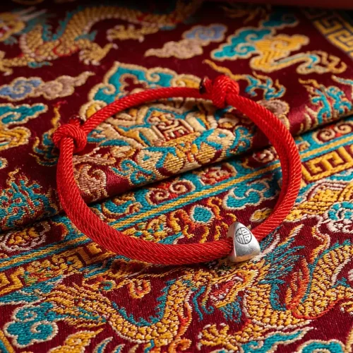 Red string Fu lucky bracelet with sterling silver charm displayed on authentic Tibetan Buddhist fabric with colorful patterns