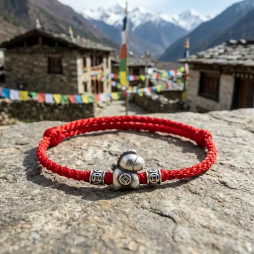 Red braided Tibetan Buddhist bracelet with silver horse charm and coin beads resting on stone rock, traditional Himalayan stone village houses and colorful prayer flags in background