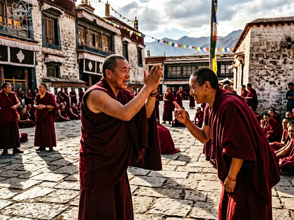 Two Tibetan Buddhist monks engaged in formal philosophical debate at Sera Jhe Monastery, one monk clapping hands mid-argument, courtyard setting with traditional robes, illustrating Buddhism's rigorous intellectual and philosophical tradition