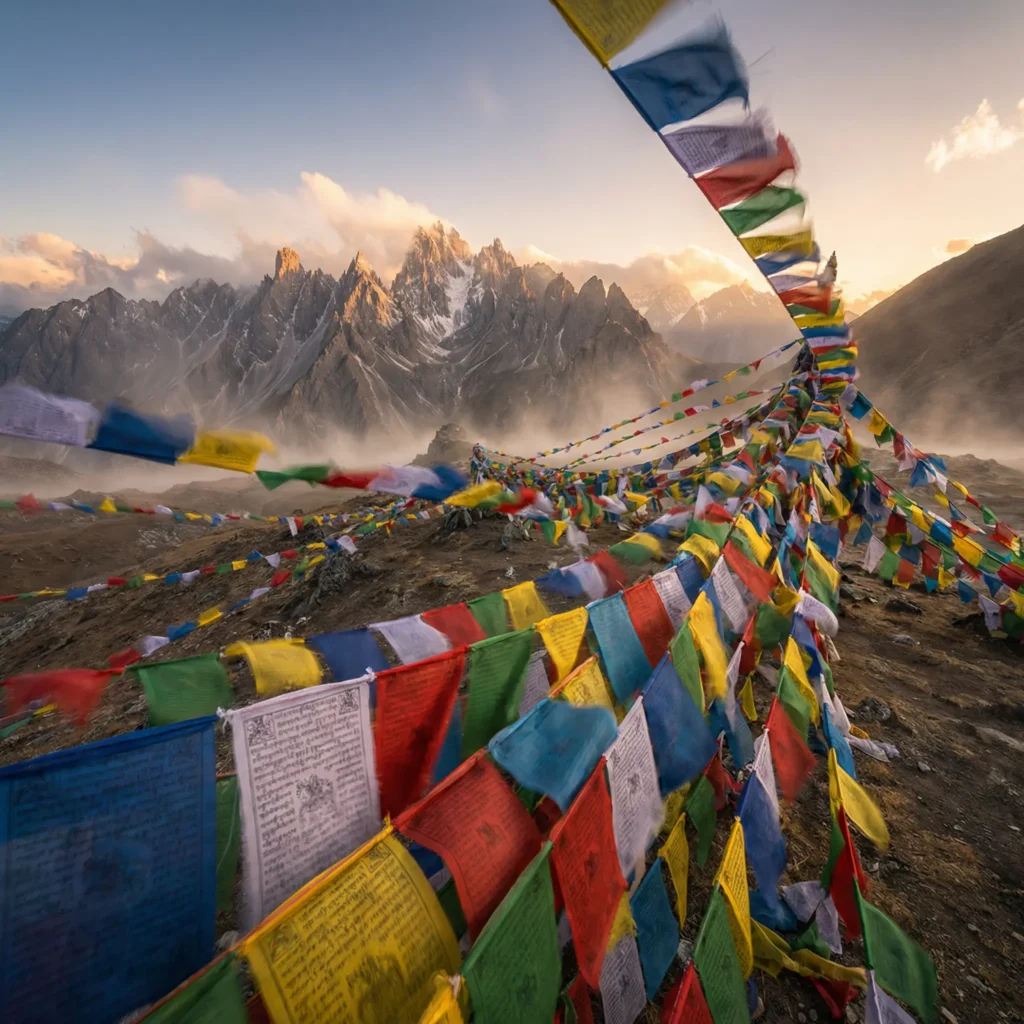 Colorful Tibetan Lungta Wind Horse prayer flags flying in mountain wind symbolizing spiritual energy amplification in 2026 Horse year