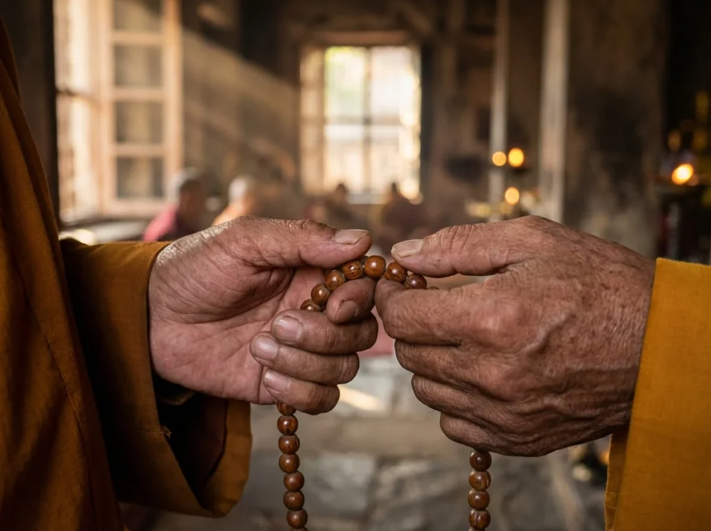 Tibetan monk holding mala beads for jambhala wealth mantra practice