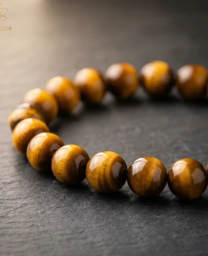 Close-up of a tiger eye bracelet with golden-brown chatoyancy on a dark textured surface