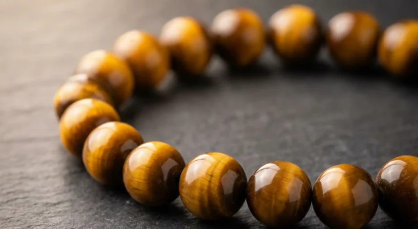 Tiger Eye Bracelet – Golden Brown Gemstone Jewelry by Potala Store(1) Close-up of a tiger eye bracelet with golden-brown chatoyancy on a dark textured surface
