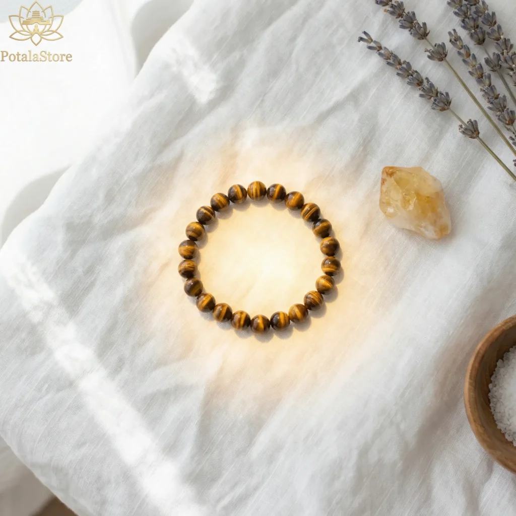 Tiger eye bracelet beside a glowing golden light representing the solar plexus chakra, symbolizing confidence and personal power