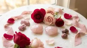 A luxurious crystal collection arranged in a circular mandala pattern featuring 10 distinct healing stones: pink rose quartz heart, deep red garnet, purple amethyst cluster, iridescent moonstone, pink-black rhodonite, green aventurine, pink tourmaline, green malachite swirls, emerald green gemstone, and pink-red rhodochrosite. Each crystal is clearly visible and beautifully lit with soft studio lighting on a neutral cream fabric backdrop. Small gold labels with elegant typography identify each stone. Professional jewelry photography, macro detail, warm romantic lighting, Valentine's theme with subtle rose petals in corners. Top-down view, symmetrical composition, ultra high resolution.